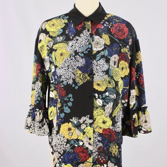 SANDRO Black Floral Print Silk Crepe Button Up Collared Shirt Blouse - Picture 5 of 16